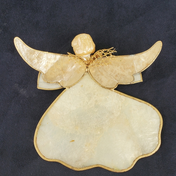 Angel Christmas Ornament Capiz Shell 6"x5" Vintage Porcelain Face Gold Tone Wire - Picture 5 of 7